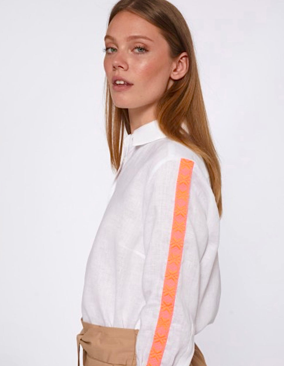 White Linen Top w/Orange Stripe