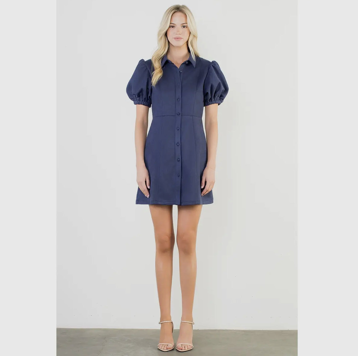 Puff Sleeve Button Up Suede Dress in Navy