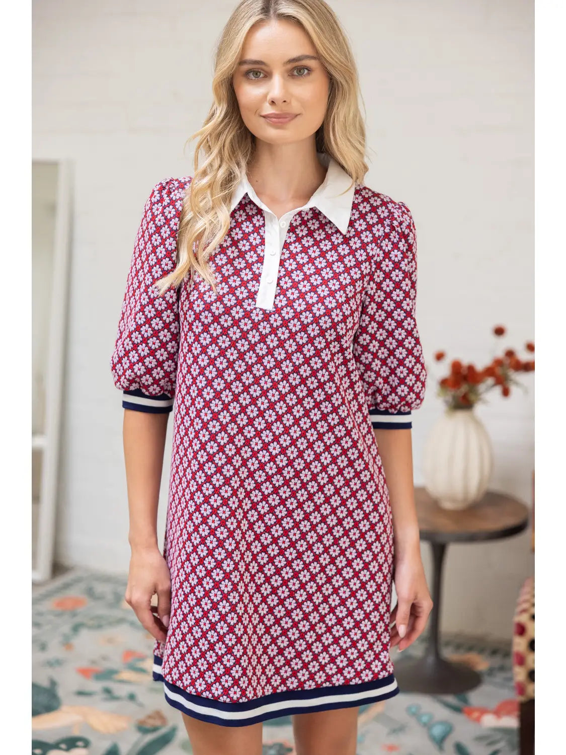 Poplin Contrast Collar Floral Knit Dress