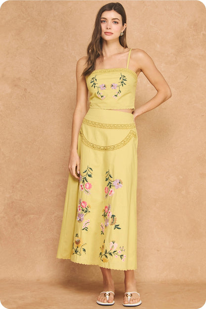 Embroidered Floral Lace Skirt Set in Yellow