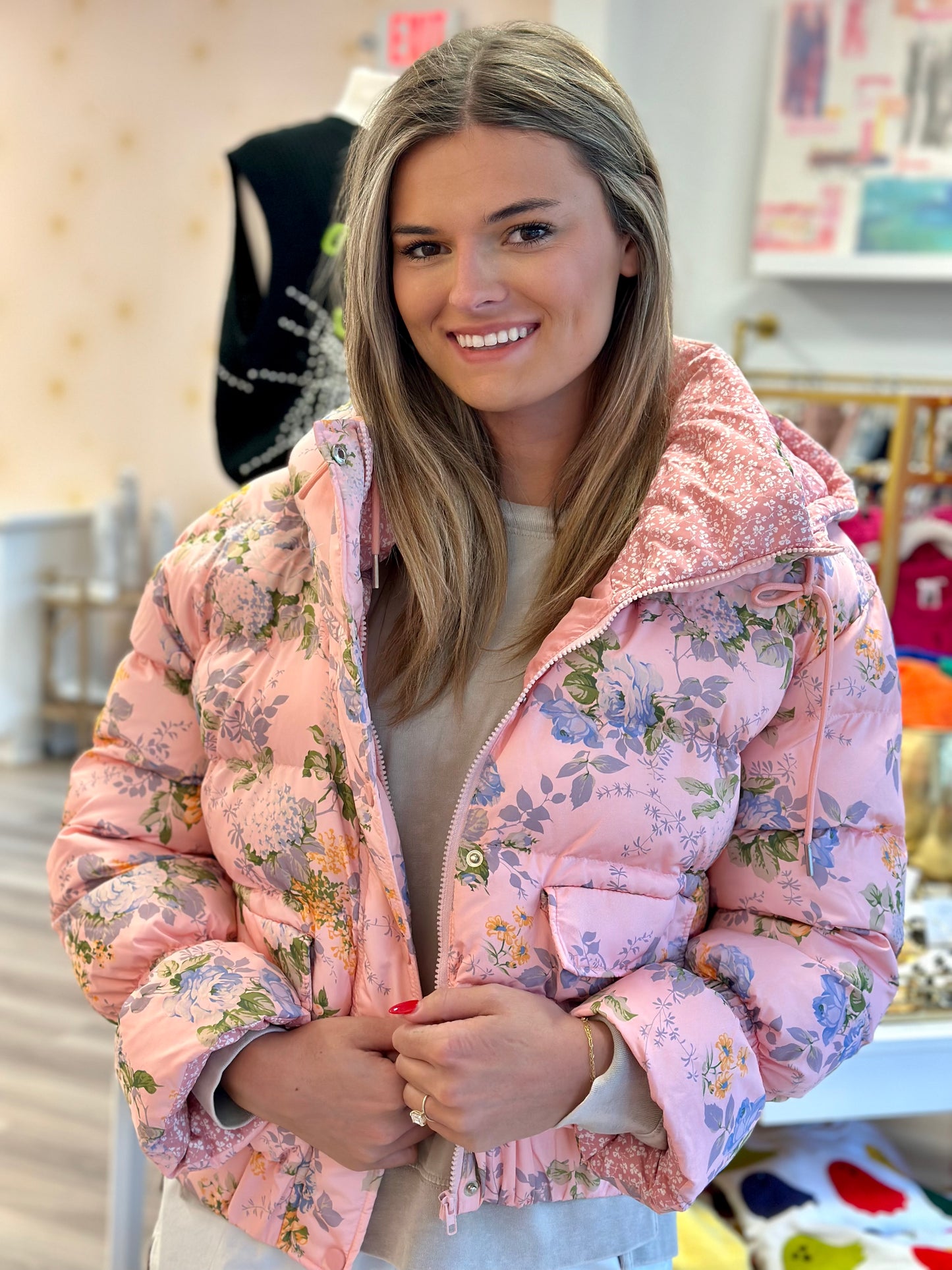 Puffer Jacket in Pink Floral