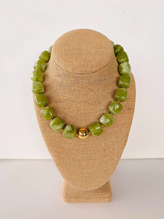 Olive Green Cube Necklace w/ Gold Ball