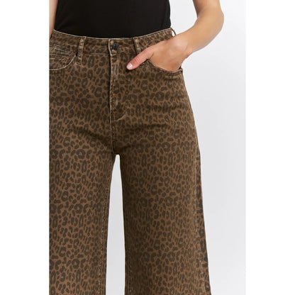 Super High Wide Leg Leopard Jeans in Brown Derby