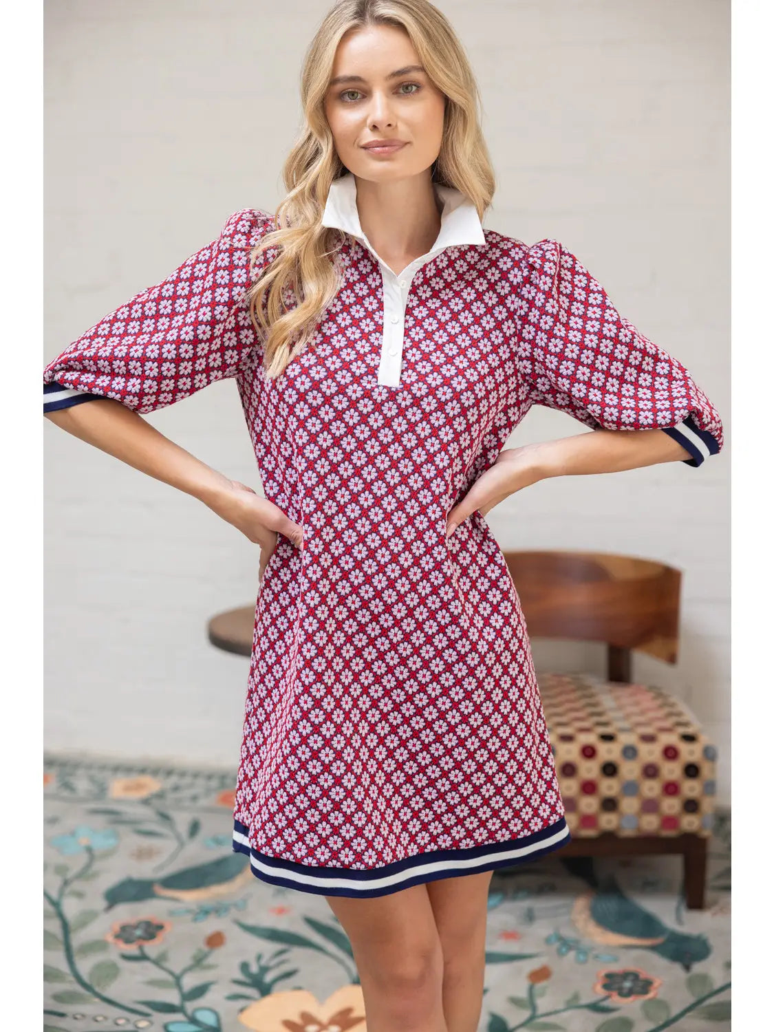 Poplin Contrast Collar Floral Knit Dress