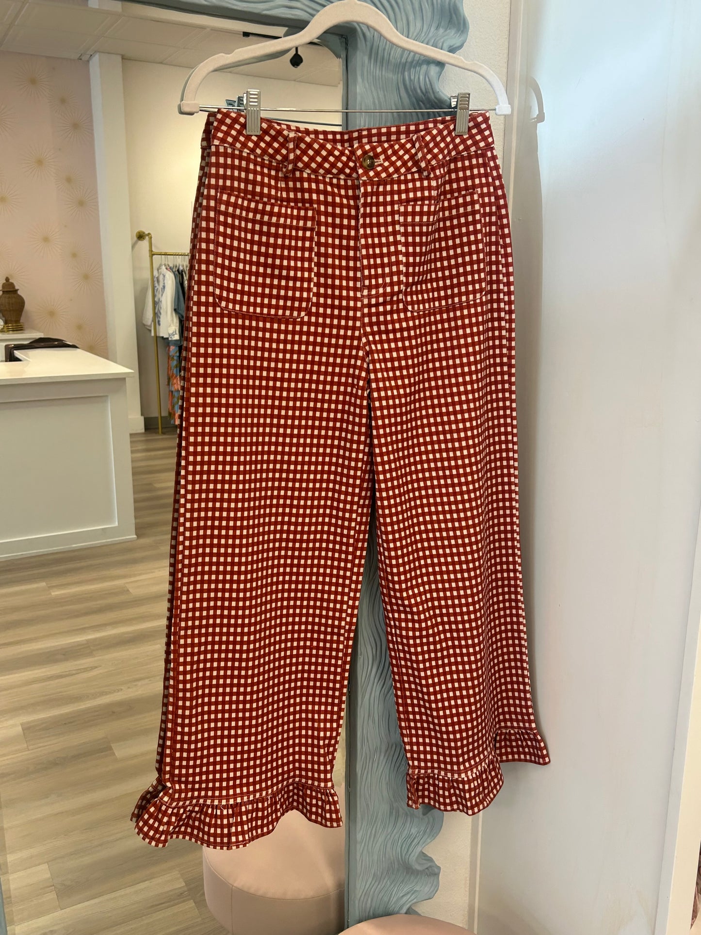 Eloise Gingham Ruffle Pant in Rust