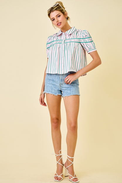 Stripe Button Down in Green/Pink