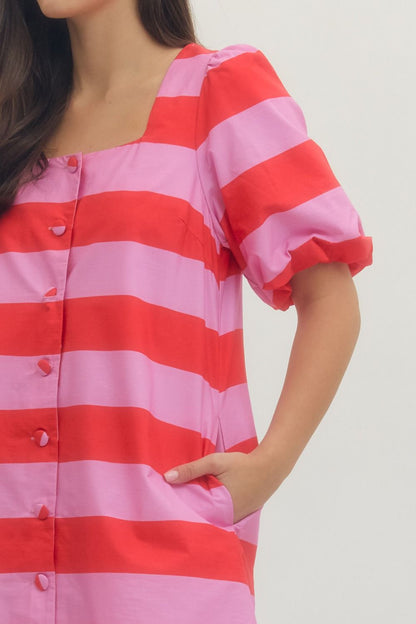 Elizabeth Striped Mini Dress in Red & Pink