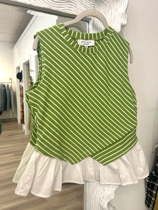 Wrap Over Contrast Sleeveless Green/Cream Striped Knit Top