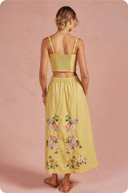 Embroidered Floral Lace Skirt Set in Yellow