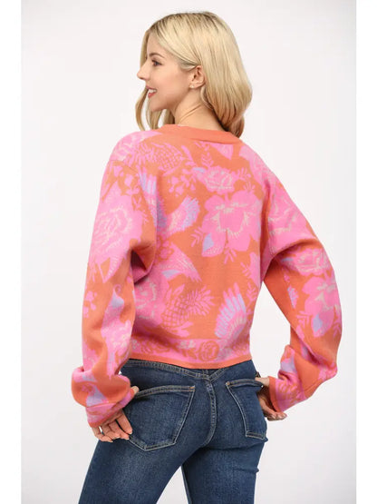 Floral Pattern Button Closure Crop Cardigan