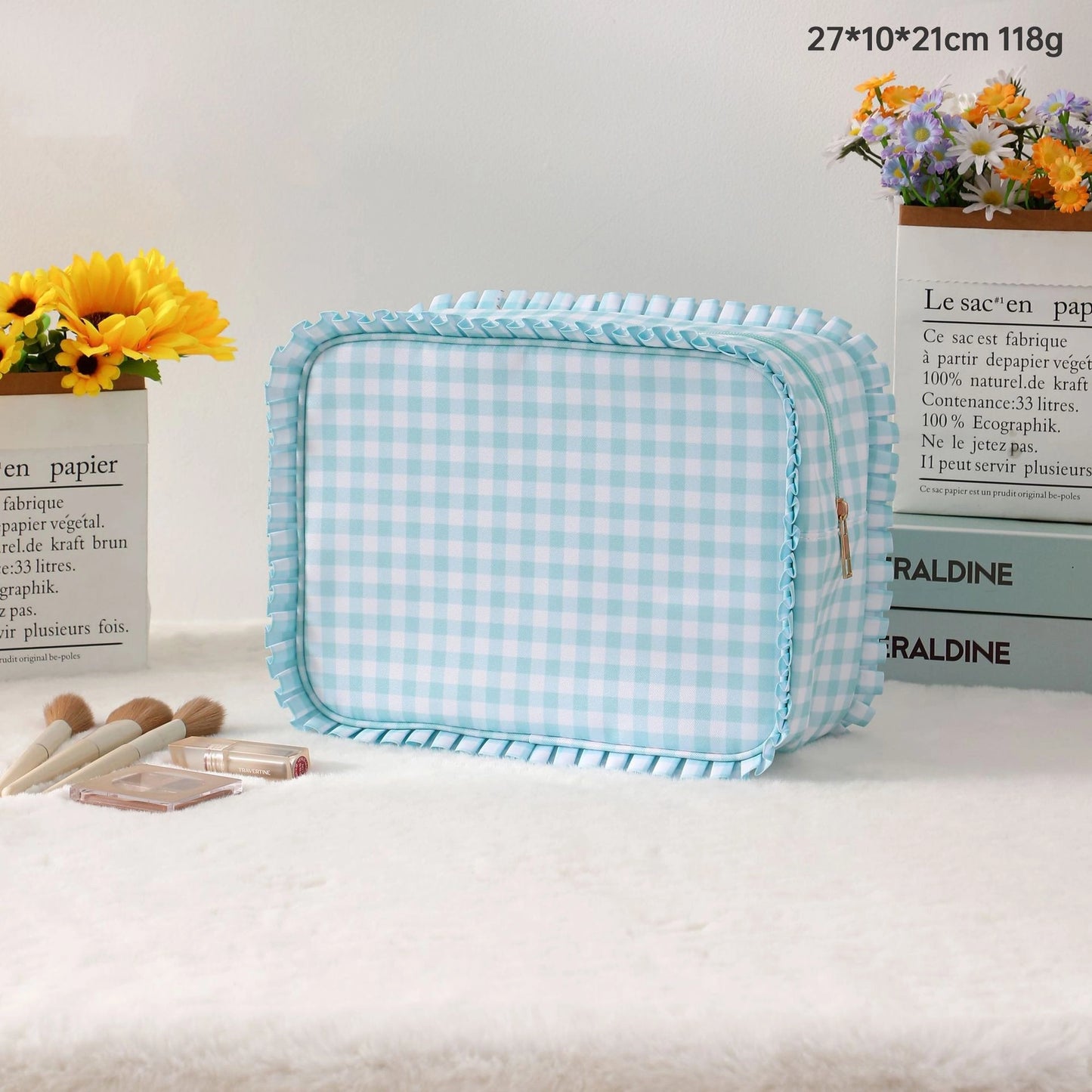 Mint Ruffle Checkered Travel Bag