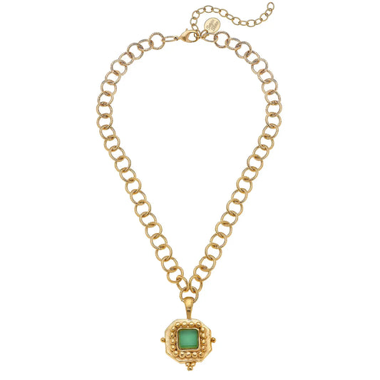 Square Green French Glass Necklace