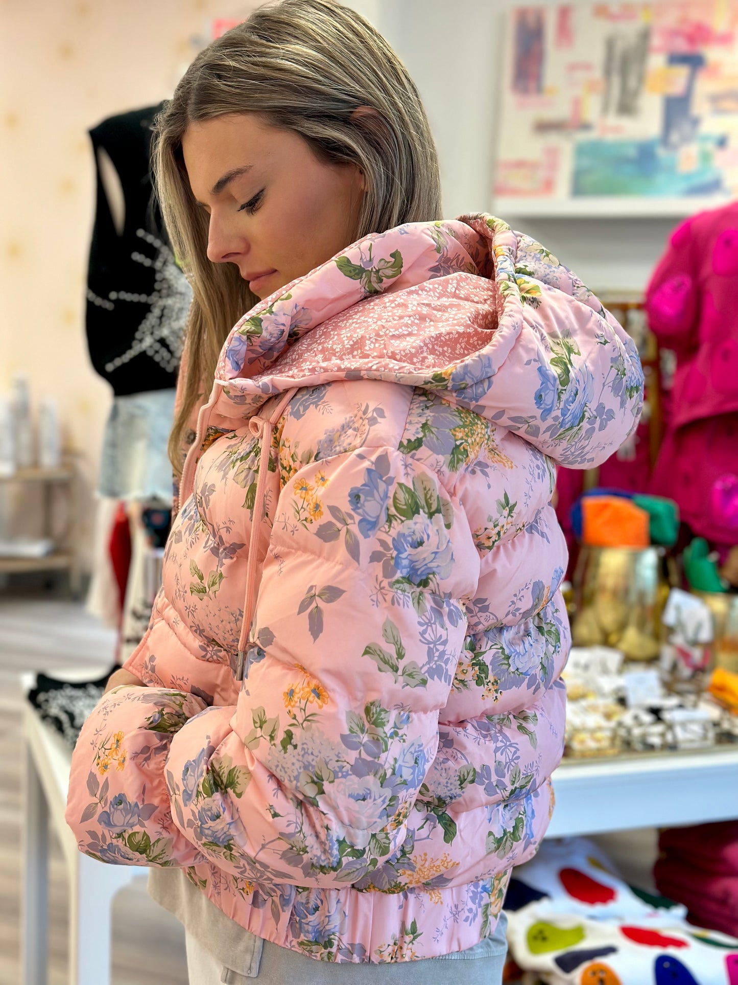 Puffer Jacket in Pink Floral