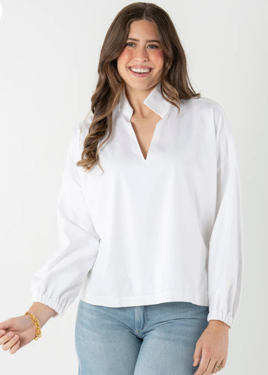 Cotton Poplin Long Sleeve Top in White