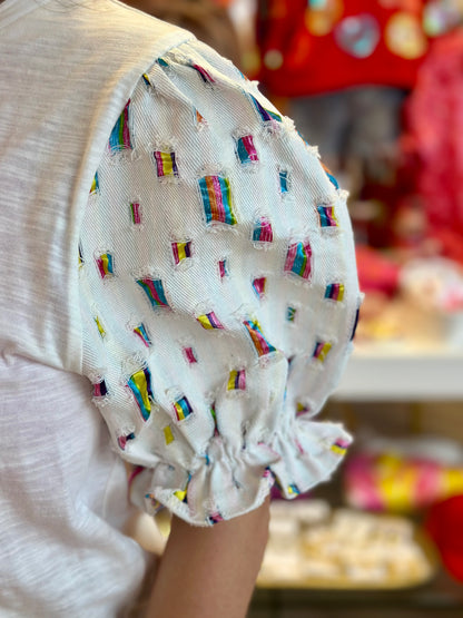 Short Sleeve Balloon Sleeve Knit Top in White