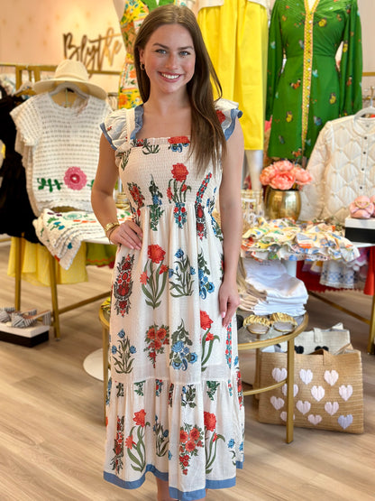 Smocked Flower Print Dress in Cream