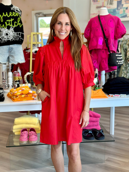 High Neck Puff Sleeve Dress in Red