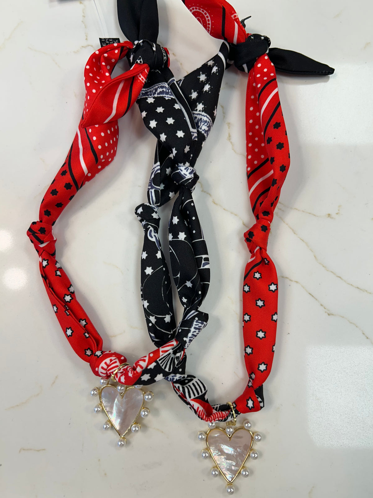 Knotted Carley Red and Black Bandana Scarf Necklace w/Charm