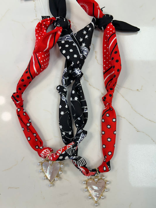 Knotted Carley Red and Black Bandana Scarf Necklace w/Charm