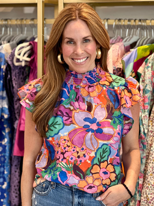 High Neck Sleeveless Top in Bright Floral