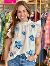 Load image into Gallery viewer, Ruffle Sleeve Embroidered Top in Blue
