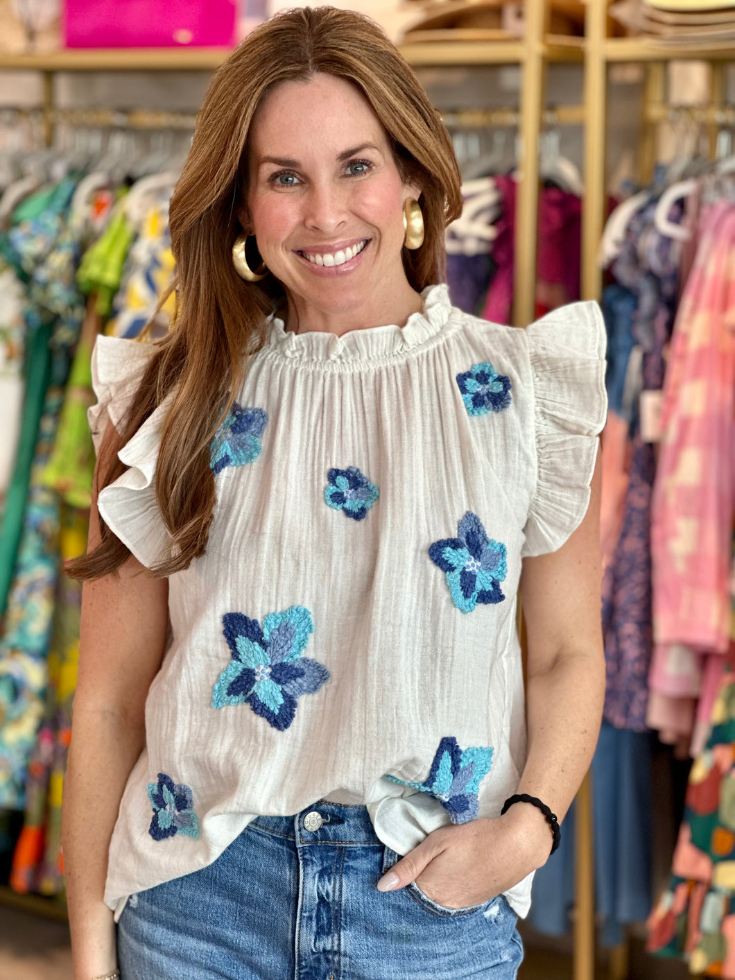 Ruffle Sleeve Embroidered Top in Blue