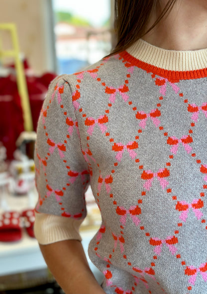 Short Sleeve Ribbon Knit Sweater in Gray no