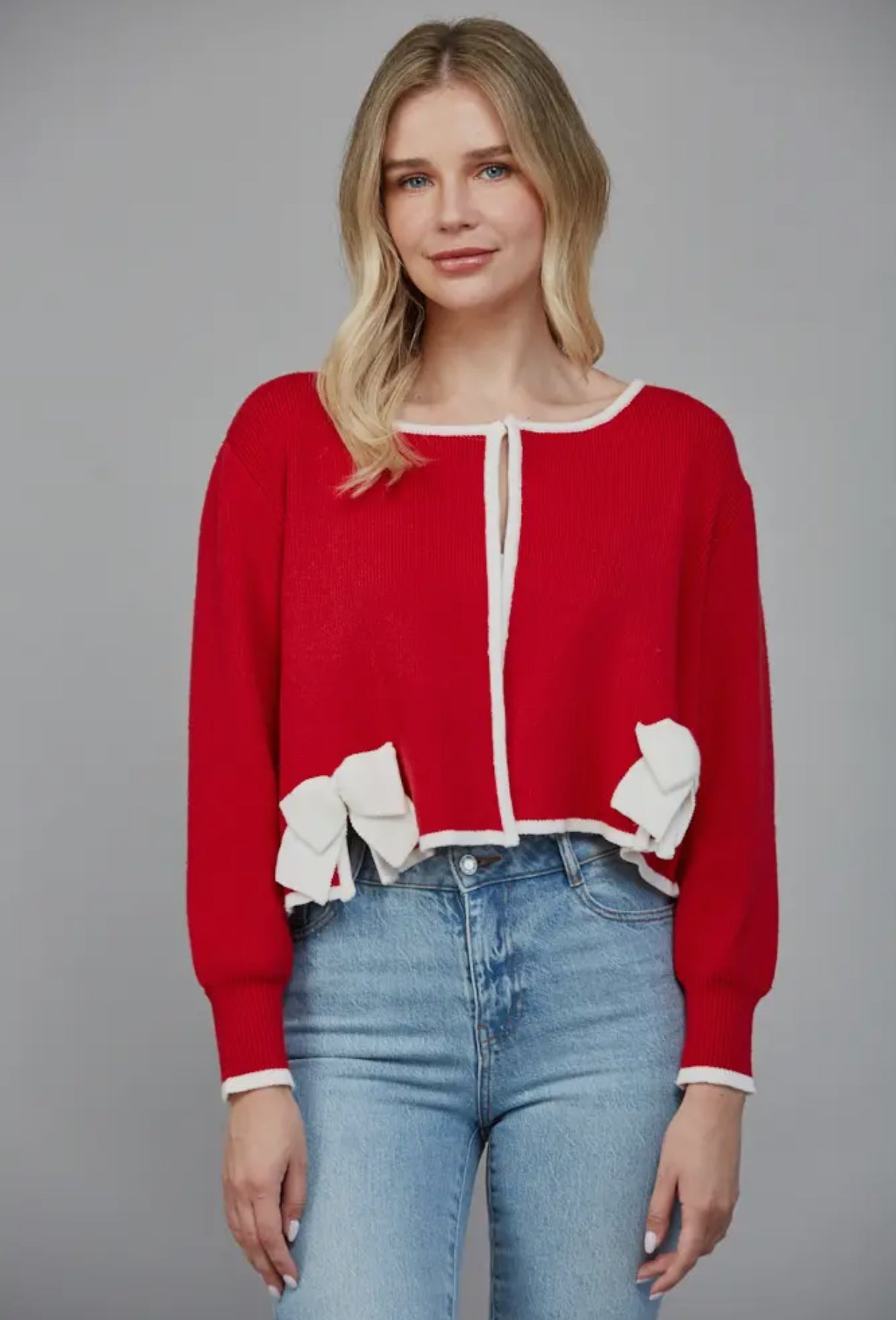 Contrast Bow Detail Open Cardigan