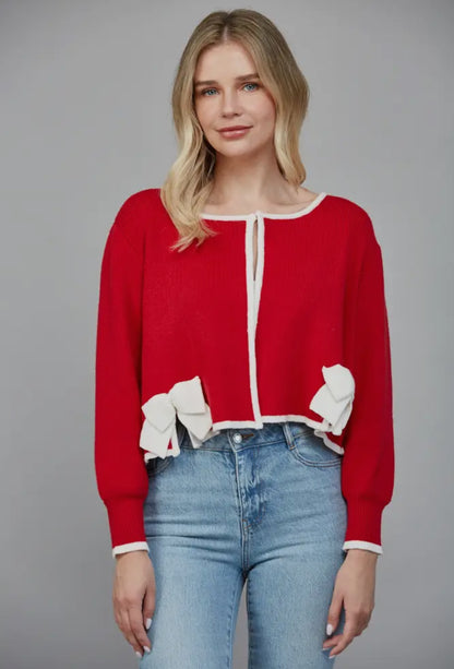Contrast Bow Detail Open Cardigan