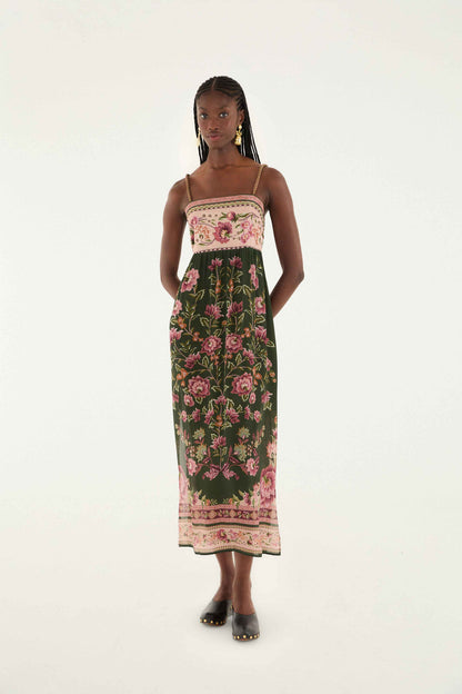 Green Flowering Garden Tree Sleveeless Midi Dress
