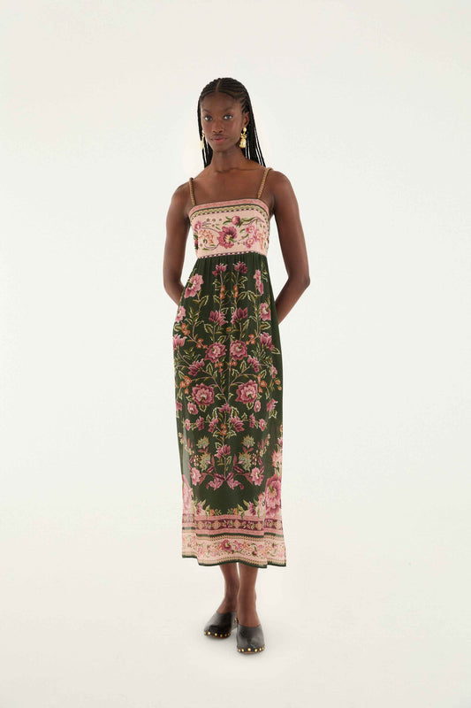 Green Flowering Garden Tree Sleveeless Midi Dress