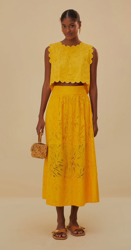 Monstera Eyelet Yellow Maxi Skirt