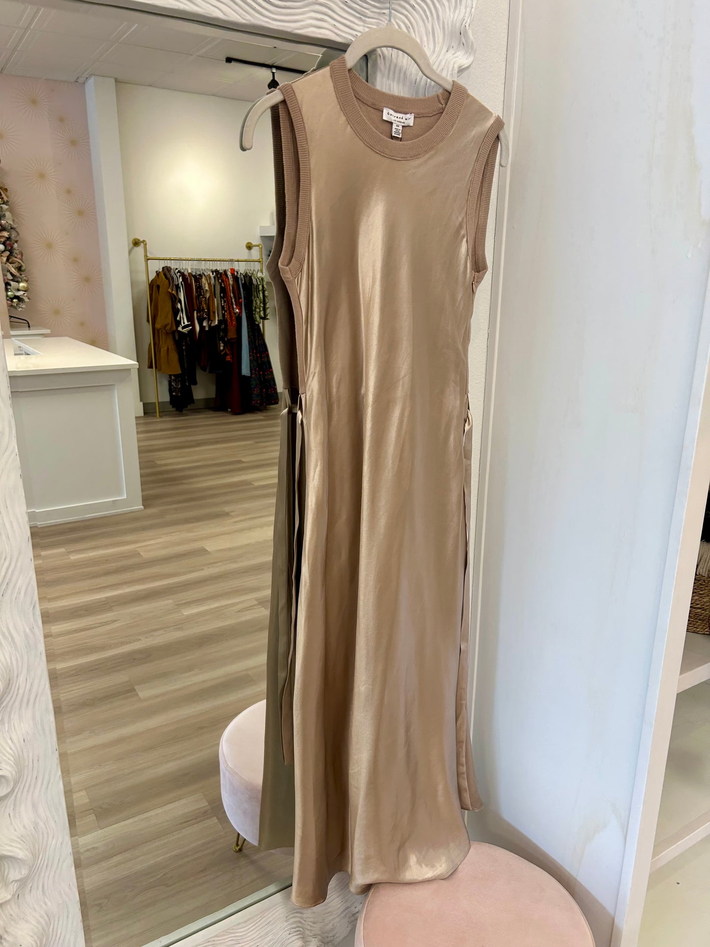 Final Sale-Sleeveless Satin Champagne Maxi Dress
