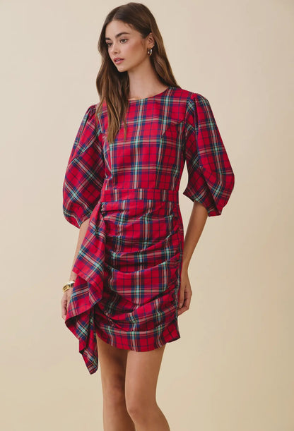 Final Sale-Plaid Puff Sleeve Cascading Dress