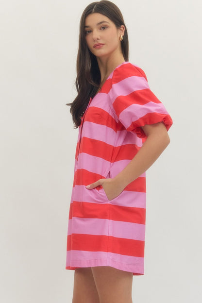 Elizabeth Striped Mini Dress in Red & Pink