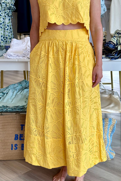 Monstera Eyelet Yellow Maxi Skirt