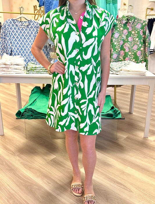 Green Botanical Dress W/Hot Pink Trim