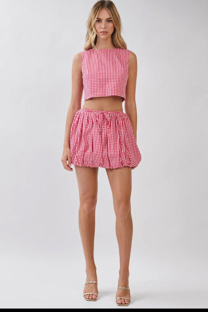 Rose Gingham Bubble Mini Skirt