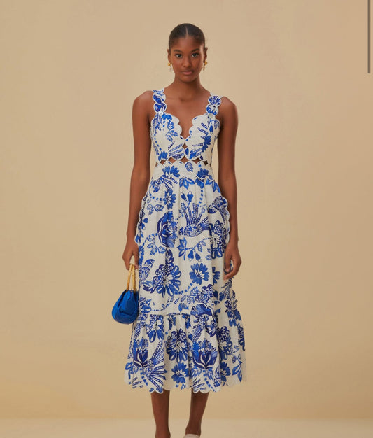 Flowerful Birds Off White Long Dress
