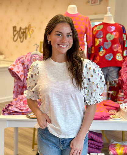 Short Sleeve Balloon Sleeve Knit Top in White