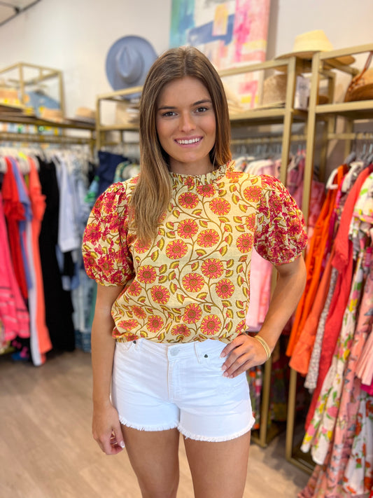 Orange/Yellow Embroidered Flower Sleeve Top