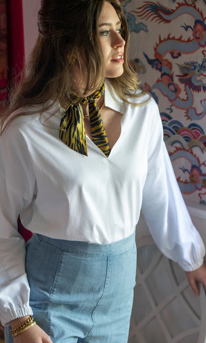 Cotton Poplin Long Sleeve Top in White