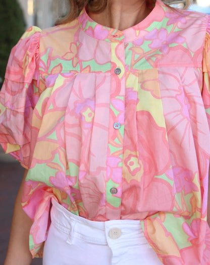 Big Floral Pastel Pleat Sleeve Top