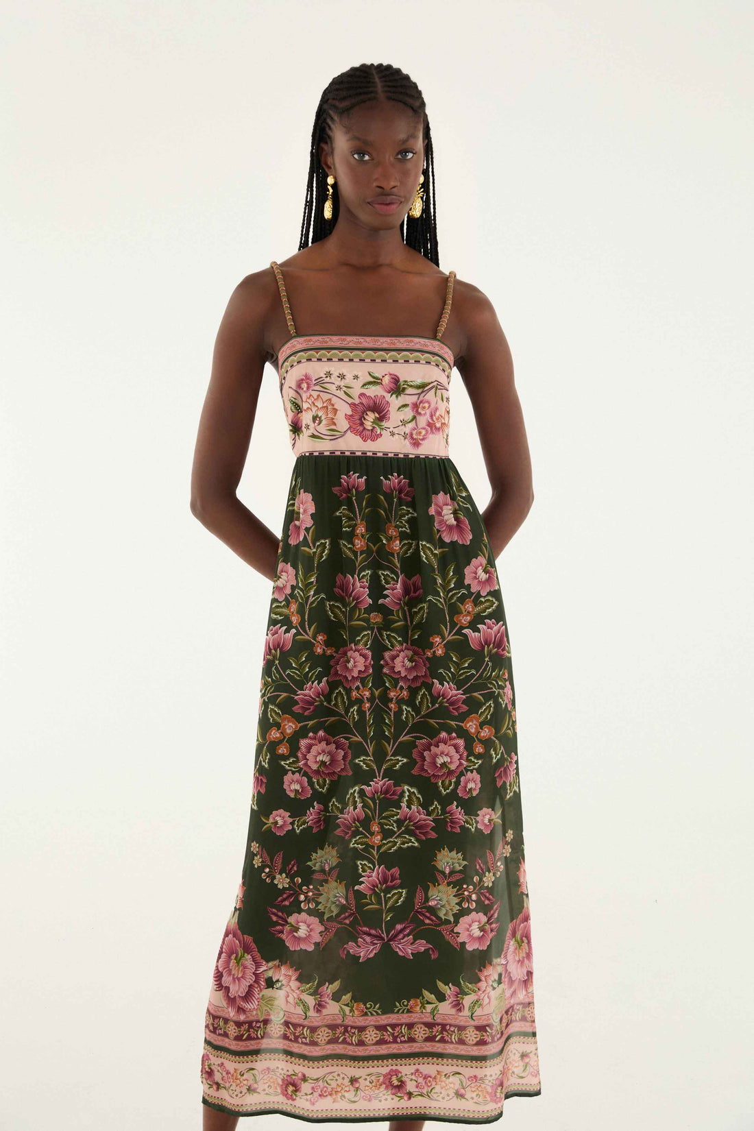 Green Flowering Garden Tree Sleveeless Midi Dress
