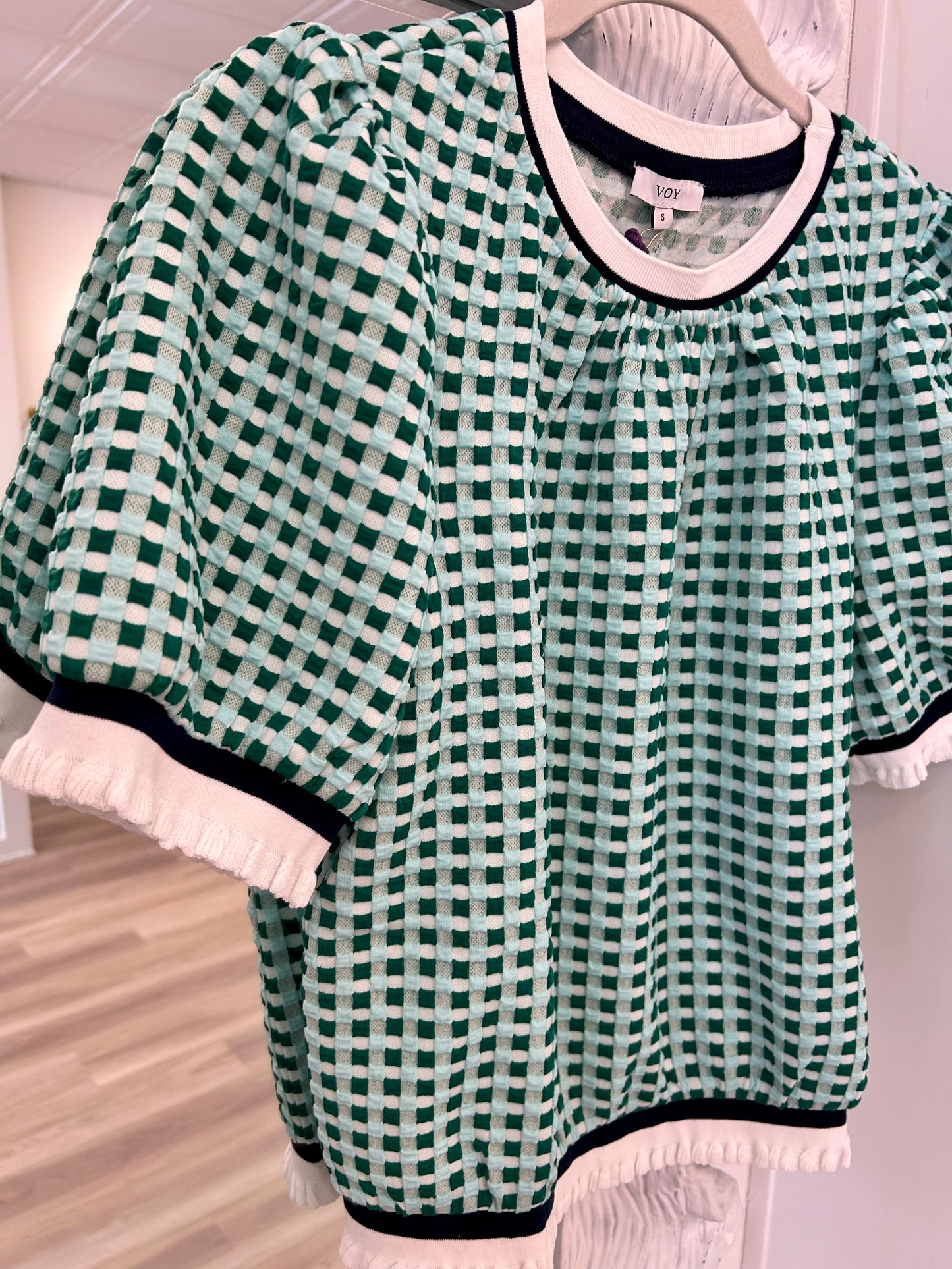 Puff Sleeve Striped Textured Plaid Knit Top