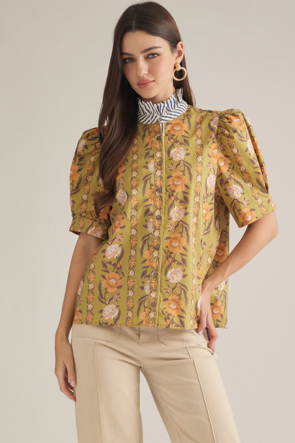 Emerson Stripe Collared Top in Olive