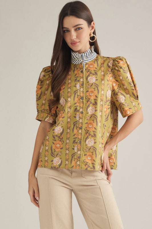 Emerson Stripe Collared Top in Olive