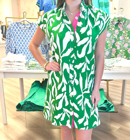 Green Botanical Dress W/Hot Pink Trim