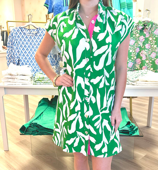 Green Botanical Dress W/Hot Pink Trim
