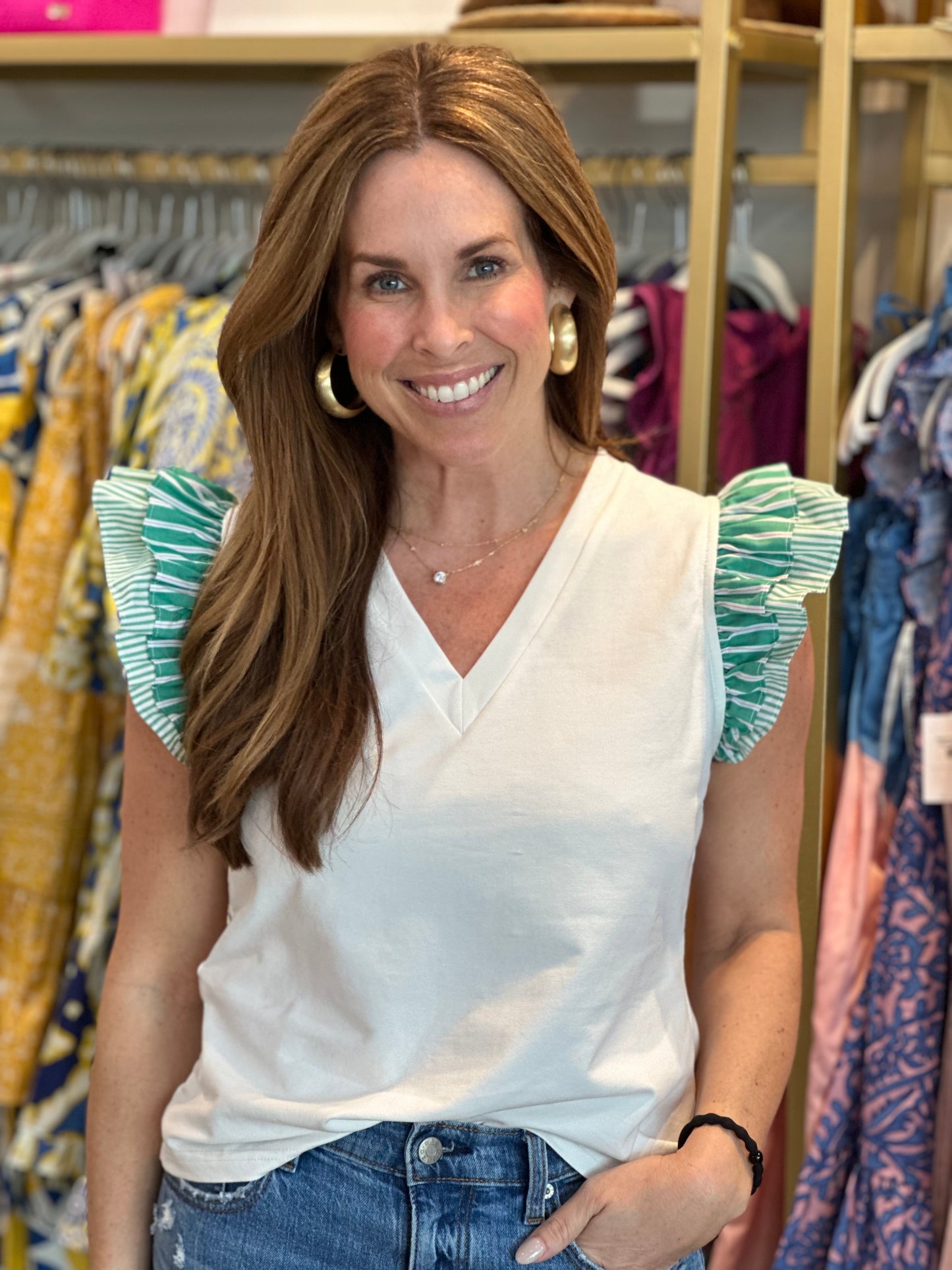 Green Ruffle Sleeve Top in White